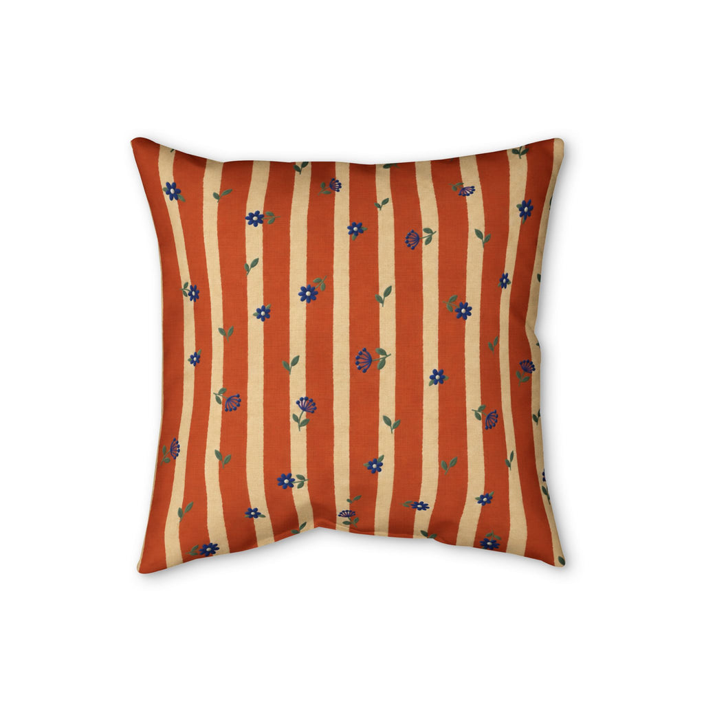 Striped Floral Faux Linen Pillow — Rust Orange Decorative Throw Cushion