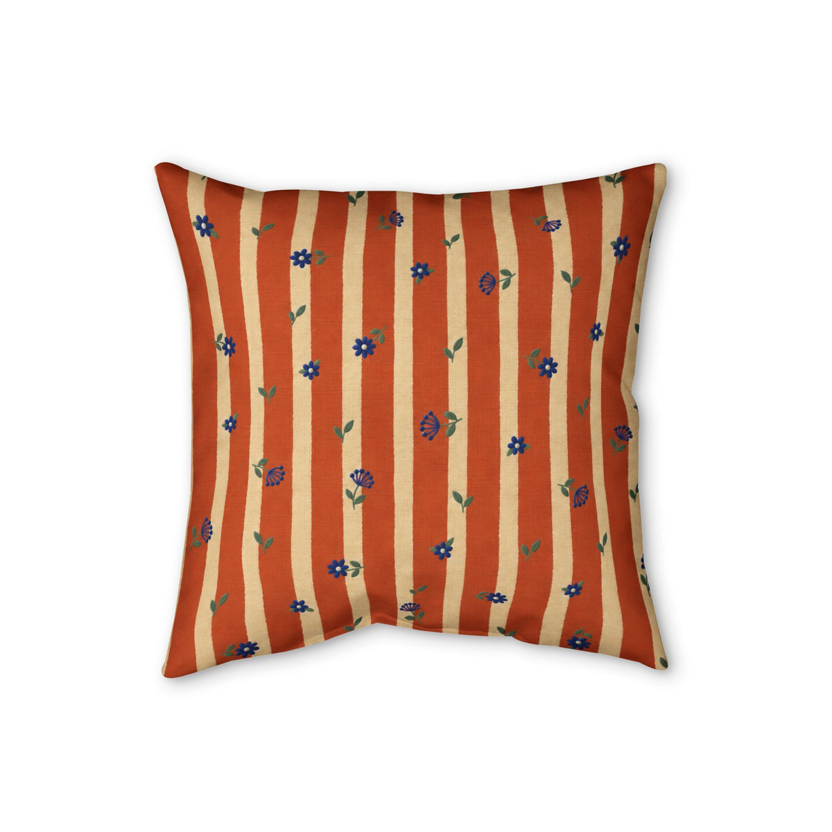Striped Floral Faux Linen Pillow — Rust Orange Decorative Throw Cushion