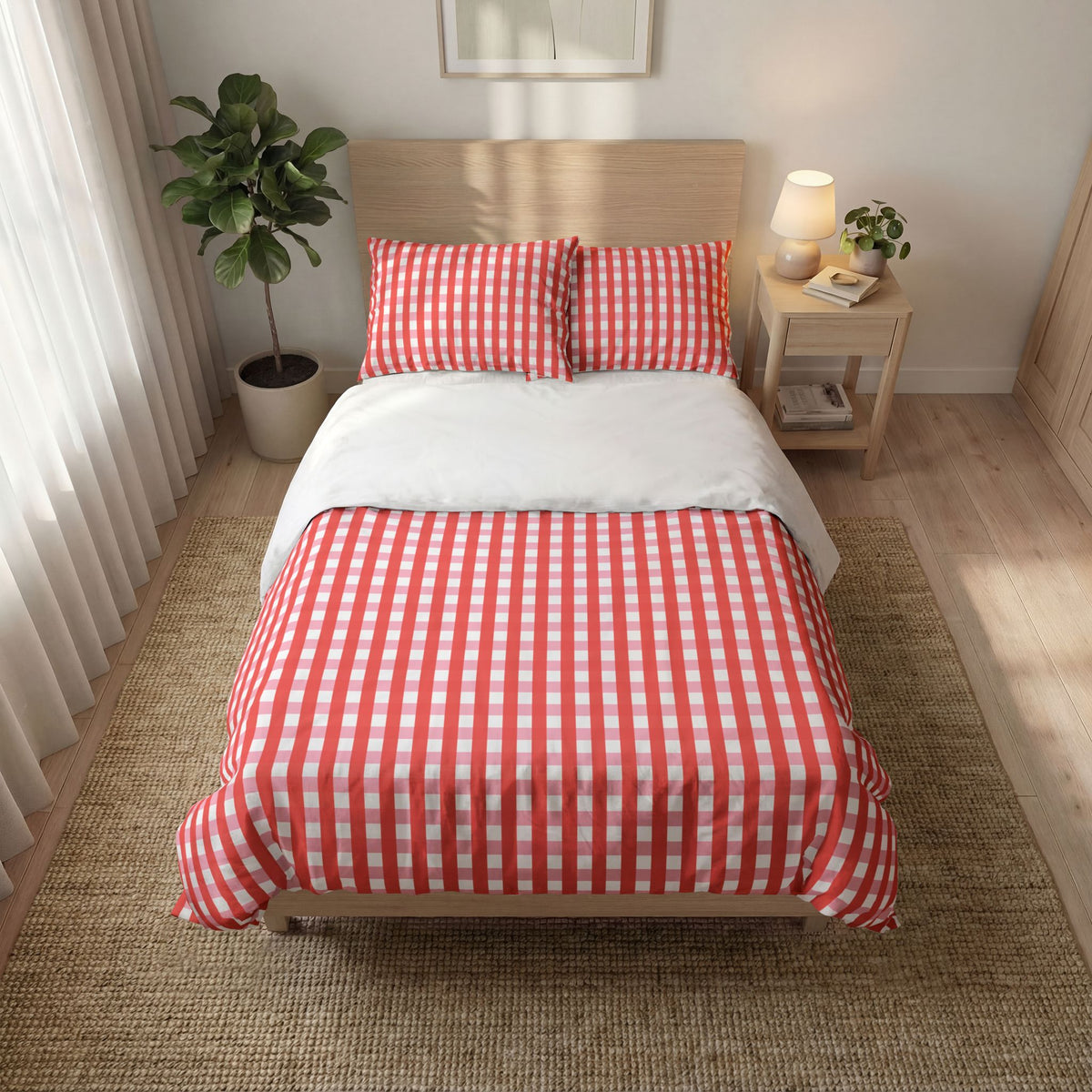 Red Gingham Quilt Cover Set - 3-Piece Checkered Duvet & Pillowcase Bedding
