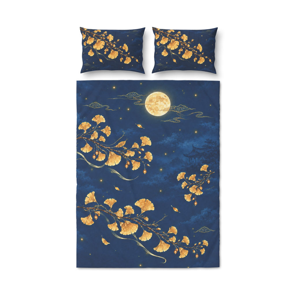 Ginkgo Moon Quilt Cover Set — Navy Blue & Gold Bedding (3‑Piece)