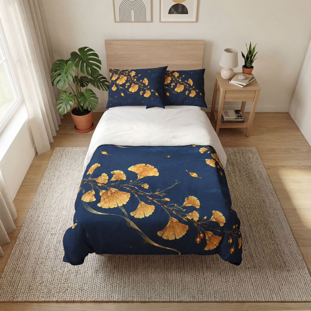 Ginkgo Moon Quilt Cover Set — Navy Blue & Gold Bedding (3‑Piece)