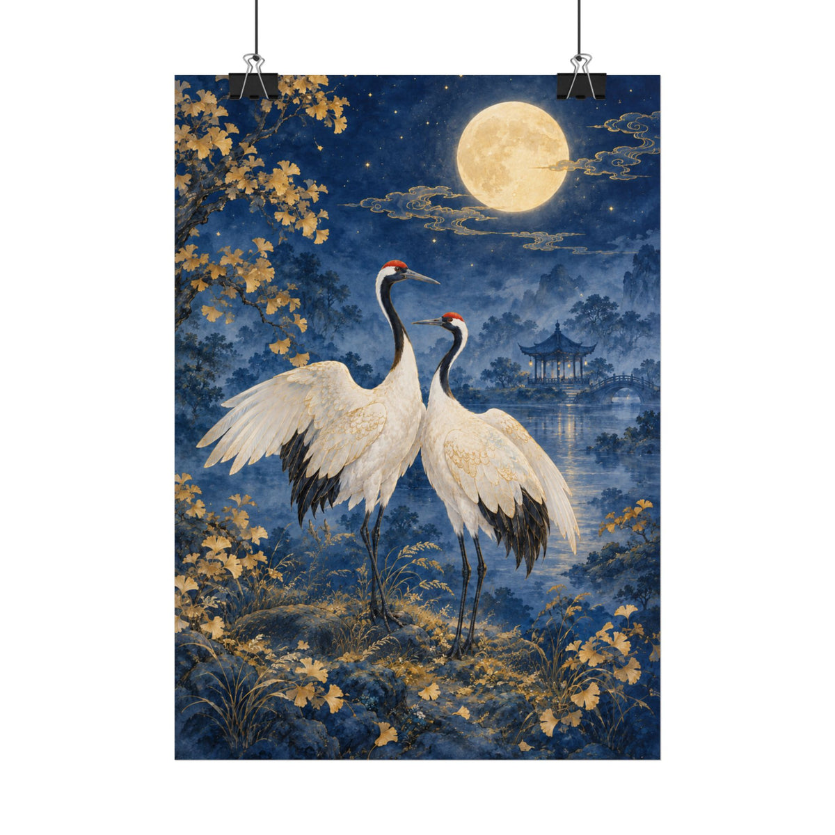 Cranes Under Full Moon Poster — Japanese-Inspired Moonlit Wall Art