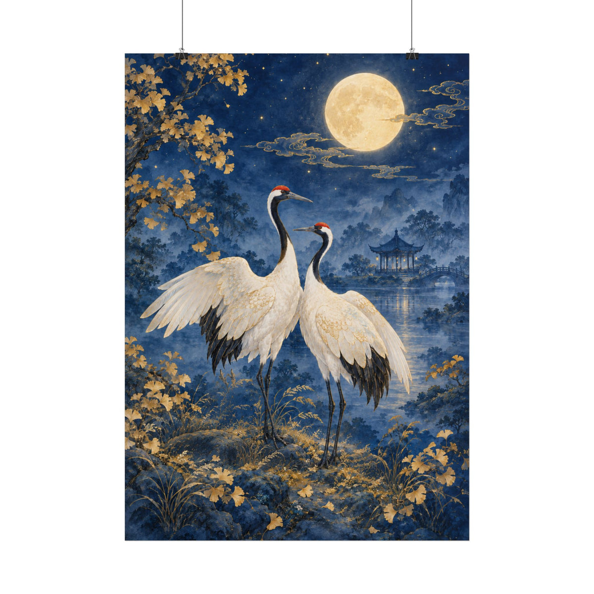 Cranes Under Full Moon Poster — Japanese-Inspired Moonlit Wall Art