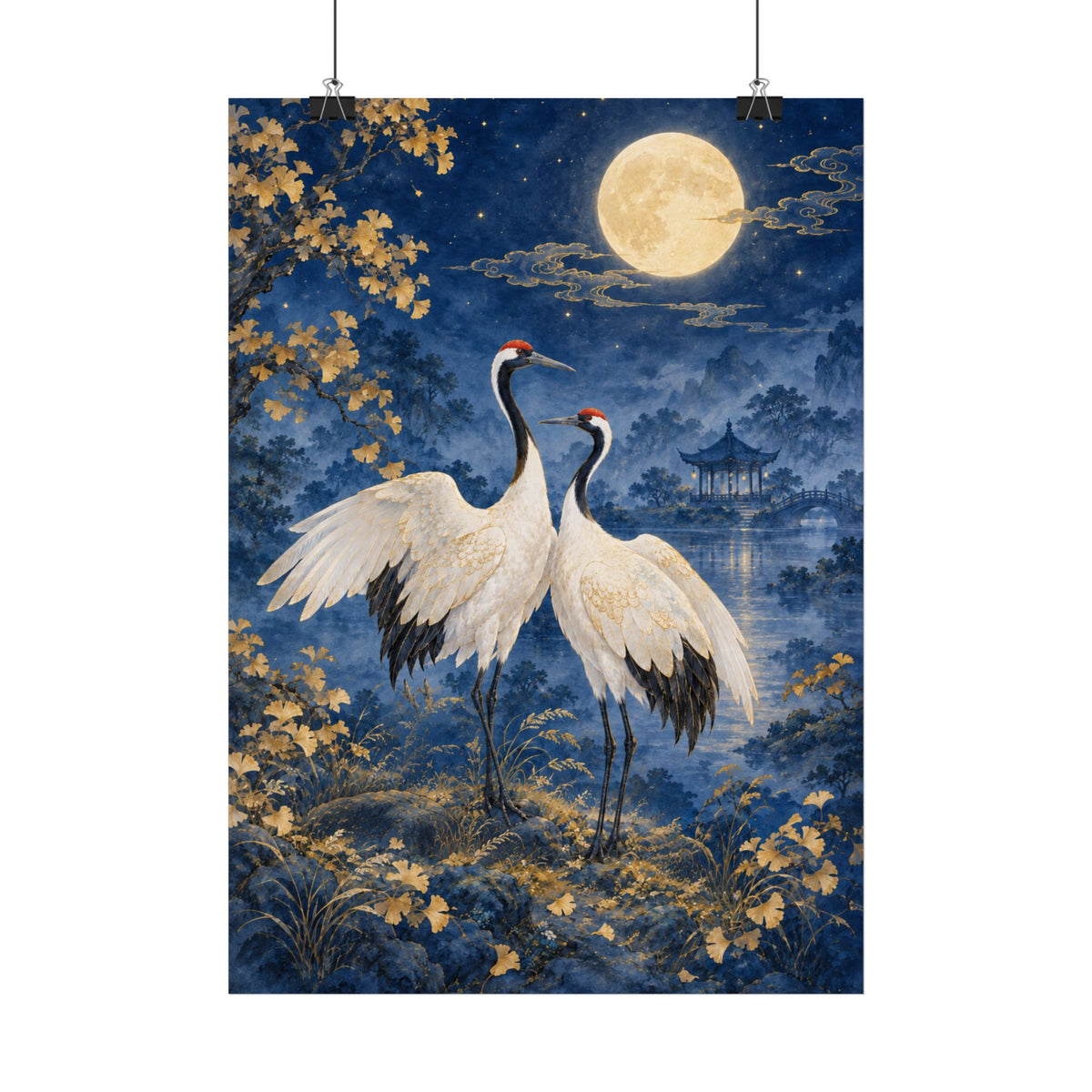 Cranes Under Full Moon Poster — Japanese-Inspired Moonlit Wall Art