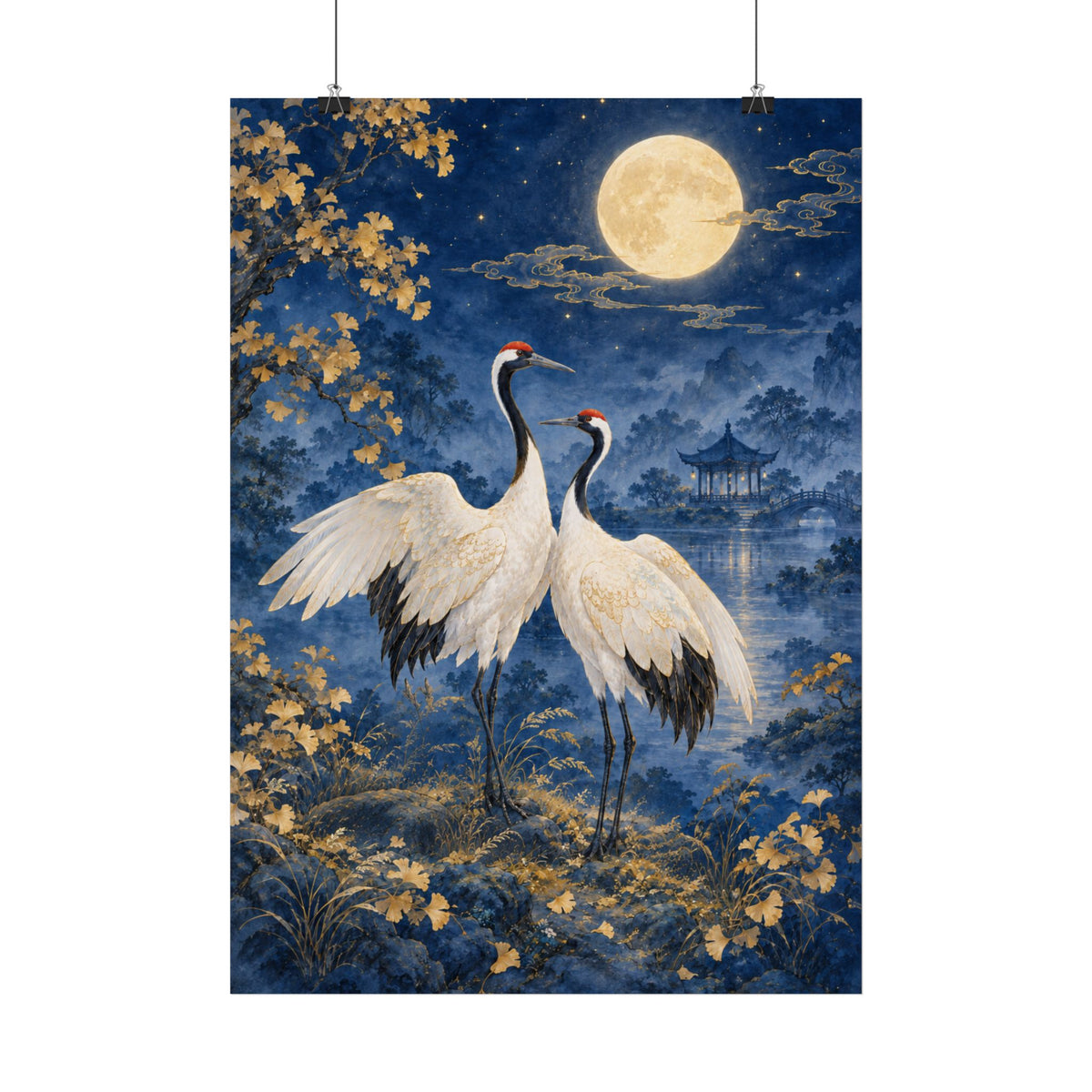 Cranes Under Full Moon Poster — Japanese-Inspired Moonlit Wall Art