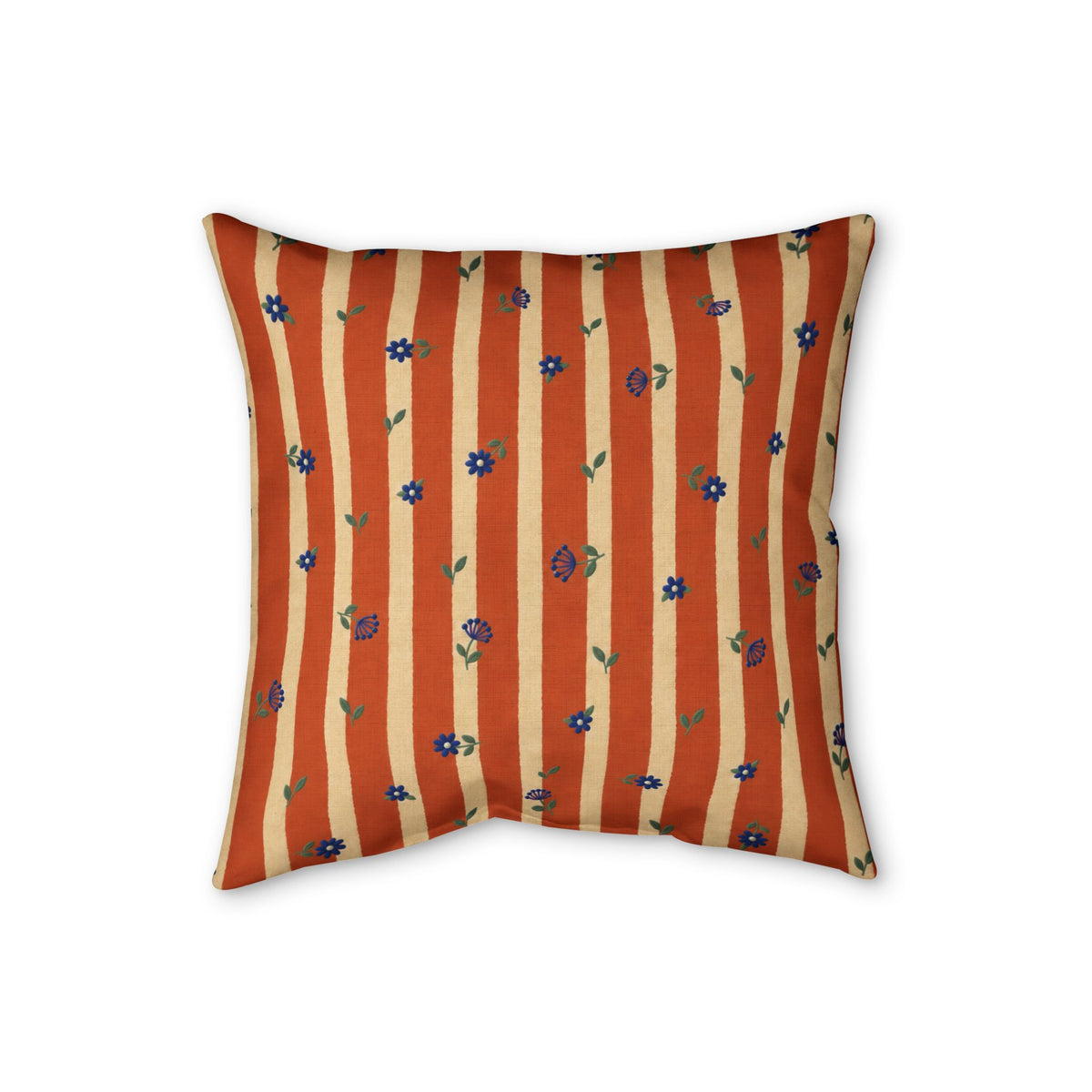 Striped Floral Faux Linen Pillow — Rust Orange Decorative Throw Cushion